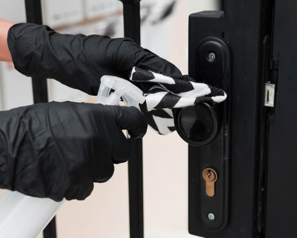 nettoyage d’une poignée de porte par un serrurier Lille avec des gants