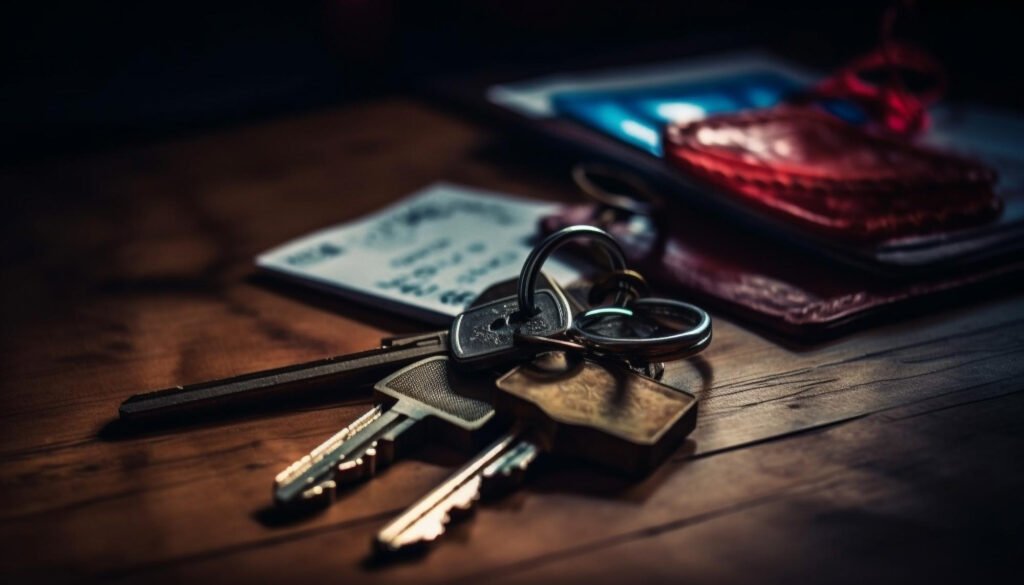 Trousseau de clés posé sur une table en bois, géré par un serrurier pour copropriété dans le cadre d’un contrat de maintenance.