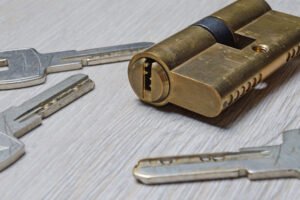alt="Cylindre de serrure européen A2P avec 6 goupilles visible sur porte d'entrée"
